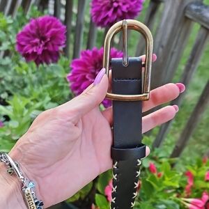 Stylish Black Leather Belt with Gold Buckle